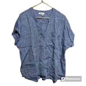 DKNY Pure 100% Linen Shirt Womens Size Large L Short Sleeve Blue Lagenlook